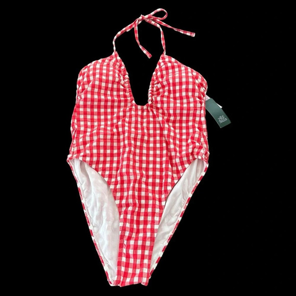 NWT Wild Fable Large 12-14 Red Gingham Keyhole Neck One Piece Swimsuit Cheeky - Picture 2 of 4